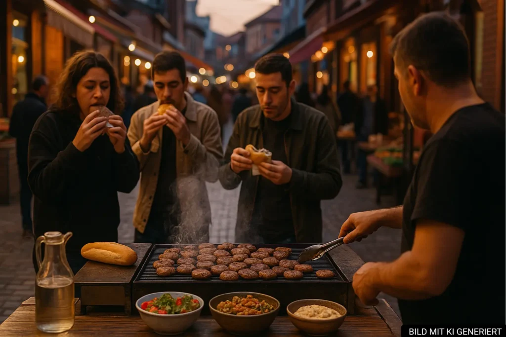 Streetfood-Stand am Pazari i Ri in Tirana mit gegrillten Qofte