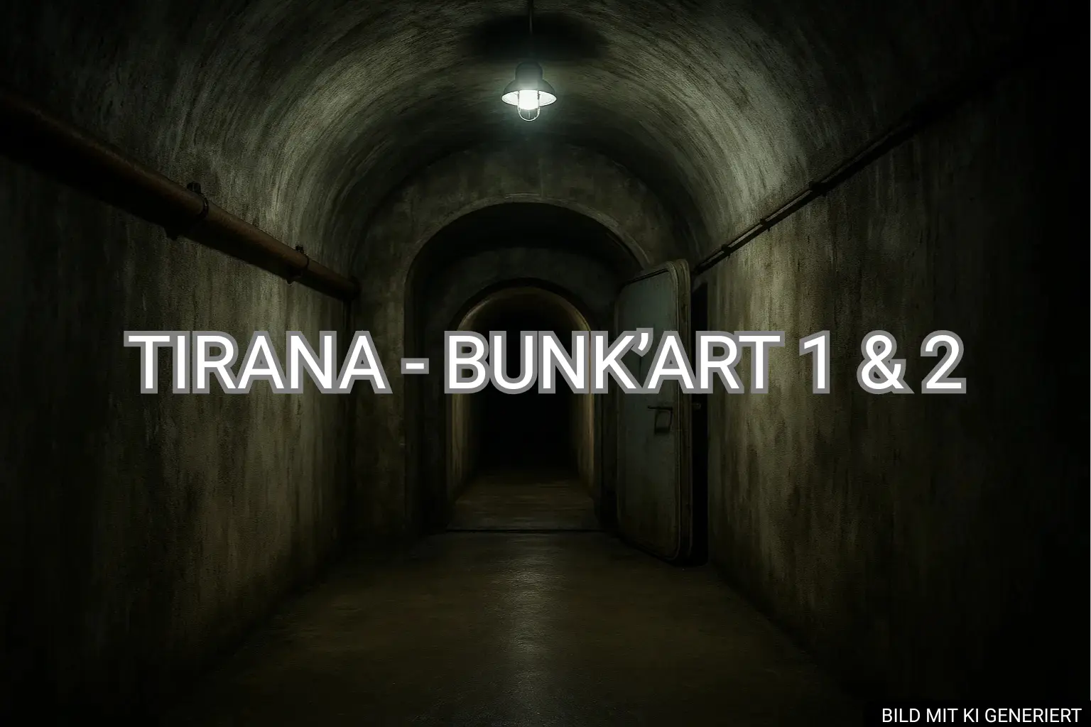 unterirdischer Betonflur mit Metalltür in einem Bunker in Tirana