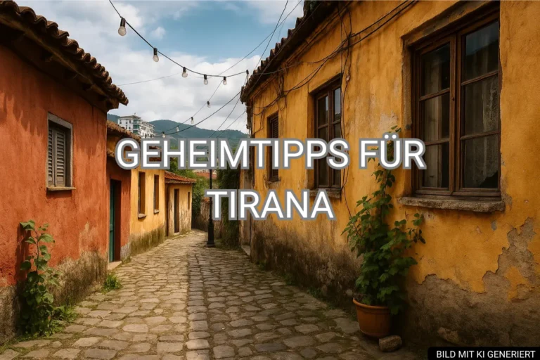 Versteckte Seitenstraße in Tirana mit alten bunten Häusern und Lichterkette