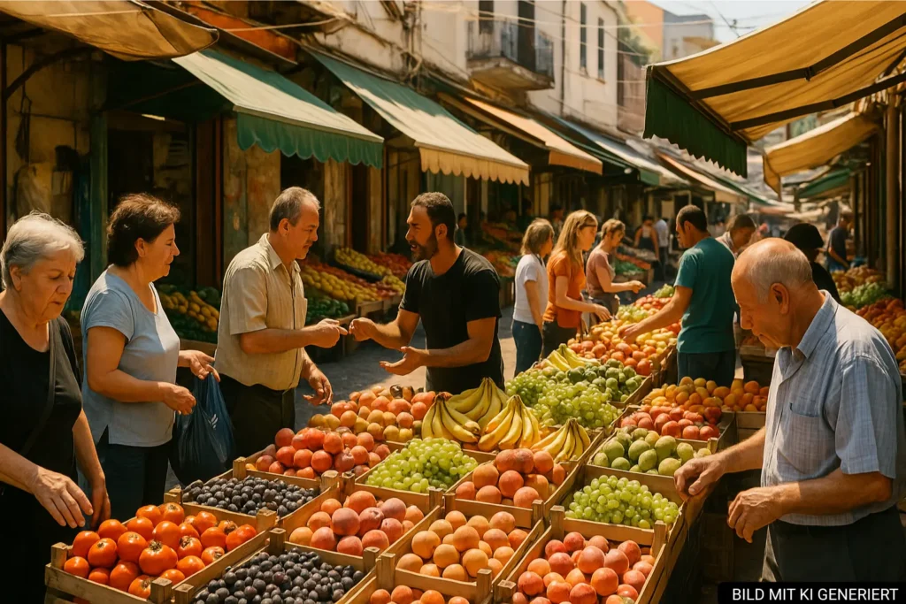 Markt in Tirana mit bunten Ständen und Einheimischen