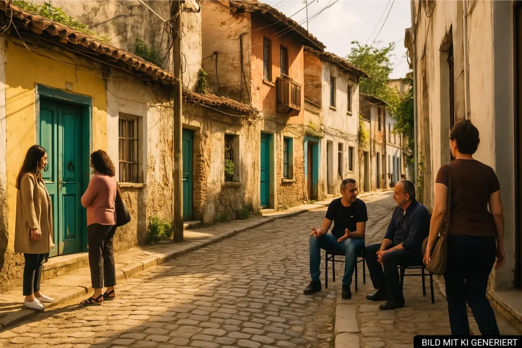 Gasse in Tirana mit Einheimischen und alten Häusern – Geheimtipp abseits der Touristenpfade