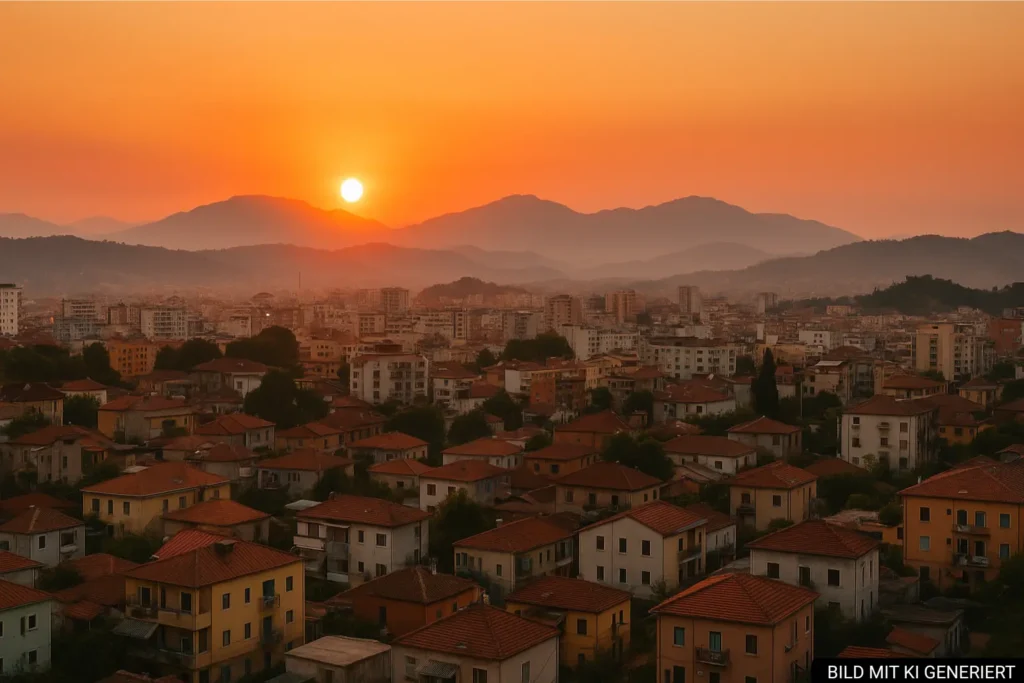 Sonnenuntergang über Tirana mit Blick auf die Stadt