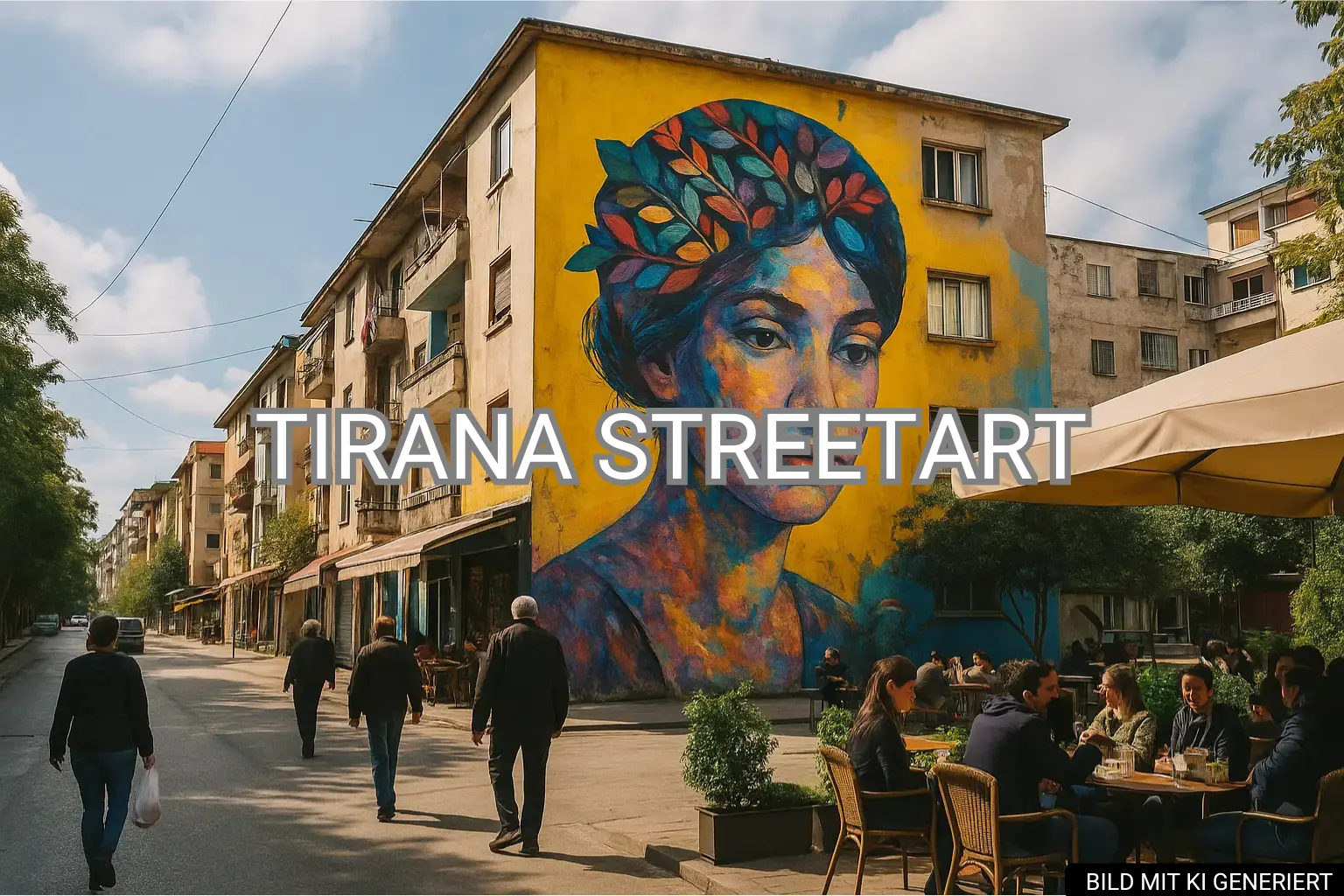 Bunte Hauswand mit großem Mural einer Frau im Blloku-Viertel in Tirana