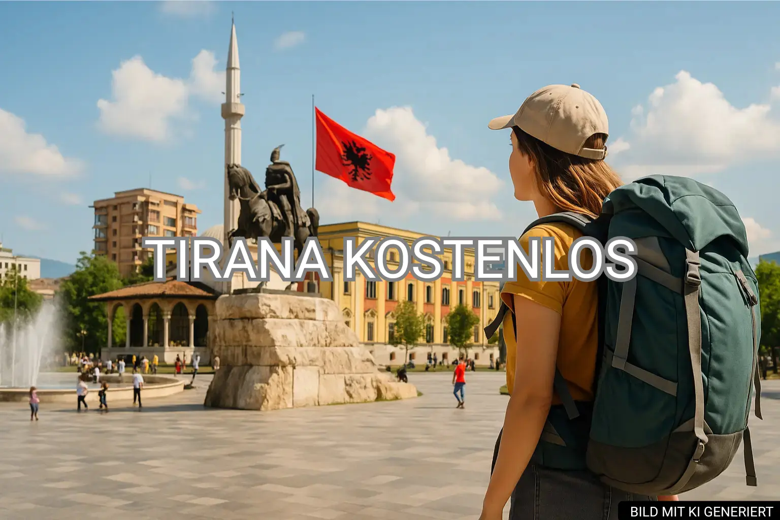 Backpackerin mit Rucksack blickt auf den Skanderbeg-Platz in Tirana mit Statue, Flagge und Sonne