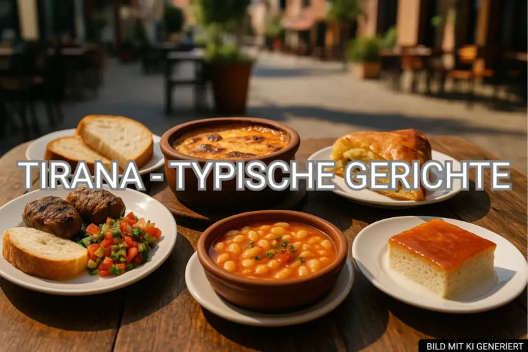 Typische albanische Gerichte wie Tavë Kosi, Byrek, Qofte und Trileçe auf einem Holztisch im Freien in Tirana