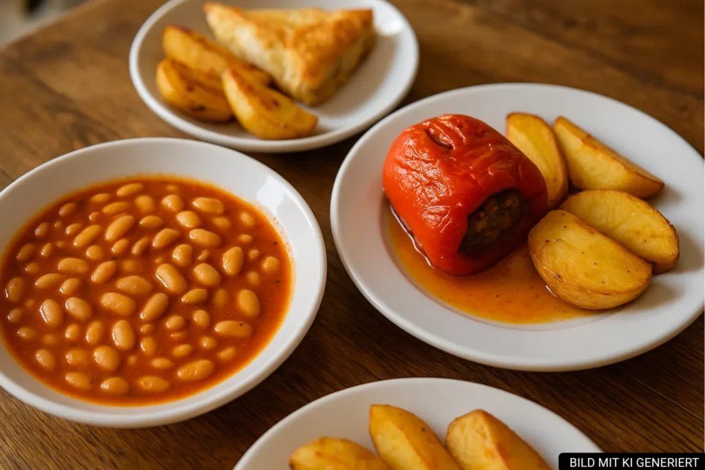 Traditionelle vegane Gerichte in Tirana mit Bohnensuppe, gefüllter Paprika und Ofenkartoffeln