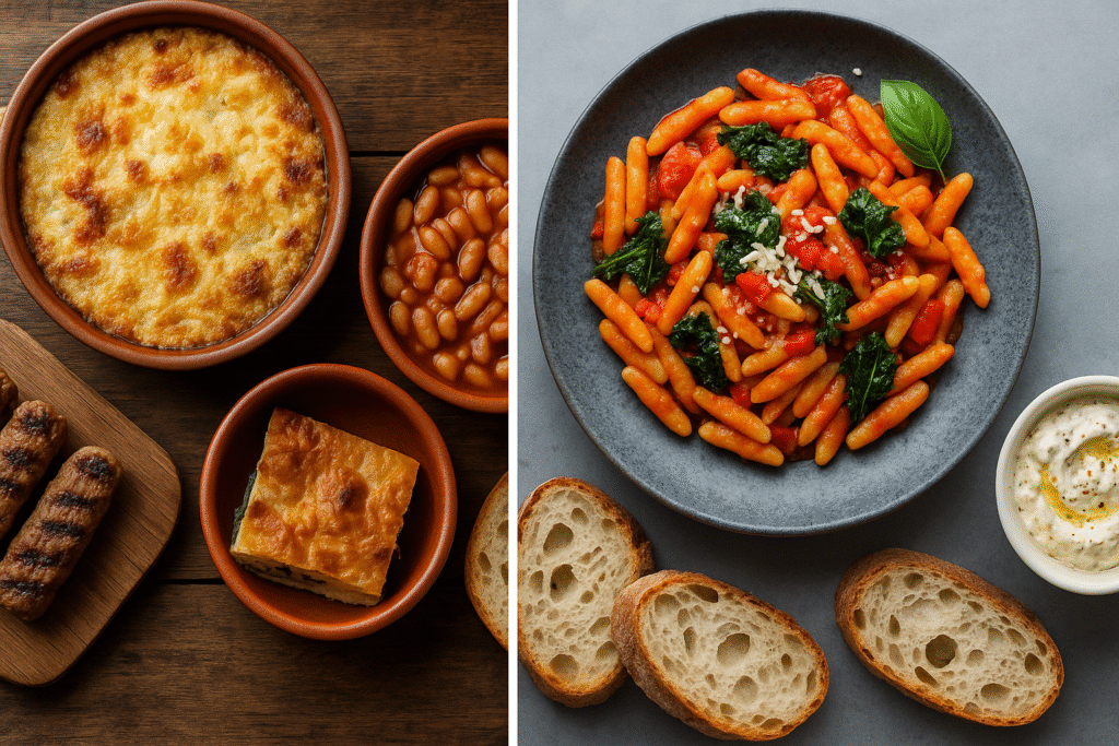 Links traditionelle albanische Gerichte, rechts moderne Variante mit Pasta und Dip