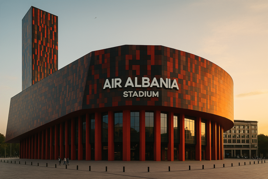 Fassade des Air Albania Stadium bei Sonnenuntergang