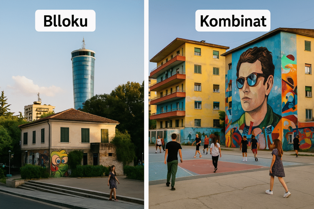 Vergleich Blloku und Kombinat in Tirana mit Street Art und Architektur