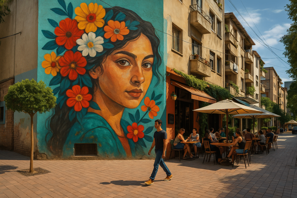 Wandgemälde mit Blumen und Straßencafé im Blloku-Viertel von Tirana