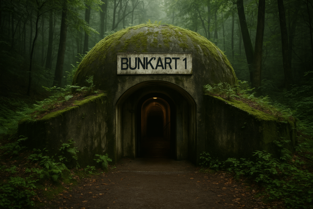 Eingang von Bunk’Art 1 in Tirana, umgeben von Bäumen und Moos