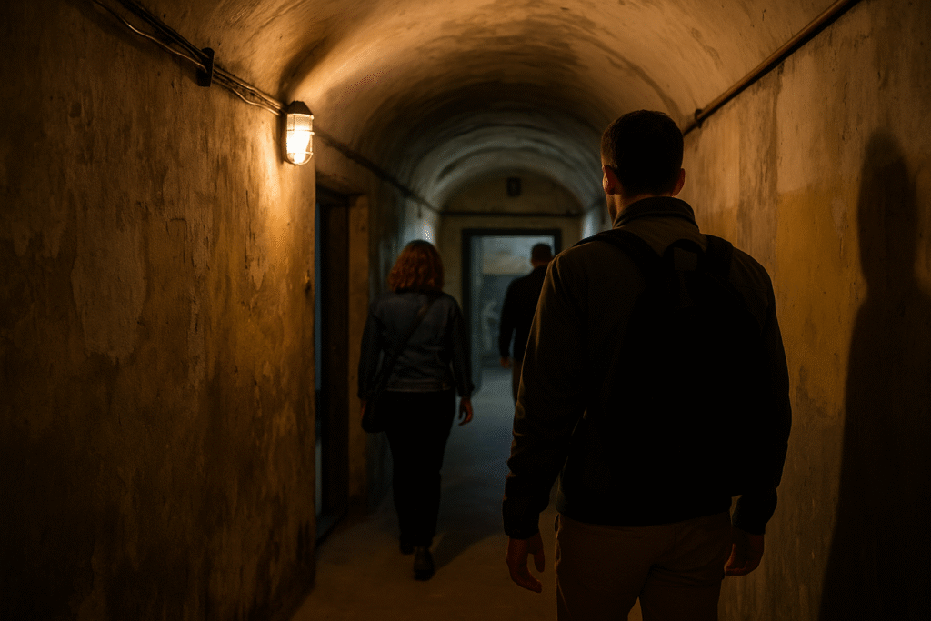 Besucher gehen durch einen langen Bunkergang im Bunk’Art Museum