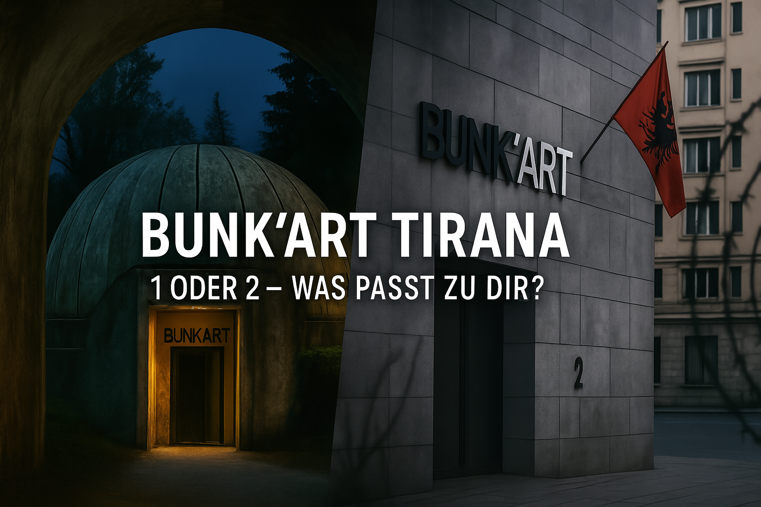 Beide Eingänge von Bunk’Art 1 und 2 in Tirana nebeneinander – Museum im Bunker-Kontrast