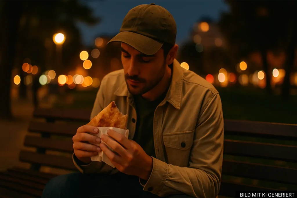 Reisender isst abends Byrek auf Parkbank in Tirana bei warmem Stadtlicht