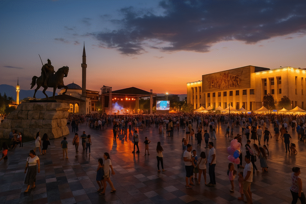 Abendliches Event mit Bühne und Menschen auf dem Skanderbeg-Platz in Tirana