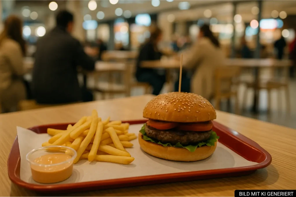 Günstiger Snack mit Burger und Pommes in Tirana ohne Markenlogo