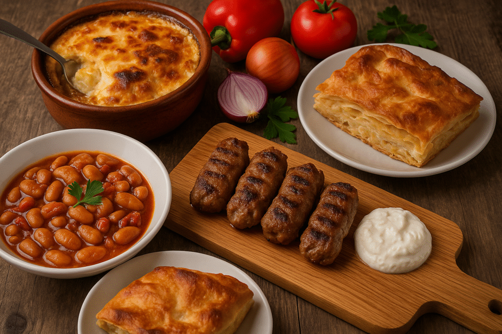 Albanische Klassiker wie Qofte, Byrek, Bohnen und Tavë Kosi auf rustikalem Holztisch
