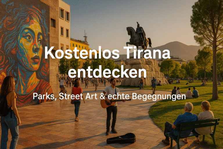 Menschen auf dem Skanderbeg-Platz in Tirana mit Street Art und Parkszene im Hintergrund
