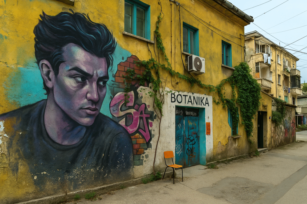 Wandgemälde auf einem Gebäude in Tirana, das kreative Street-Art-Geheimtipps der Stadt zeigt