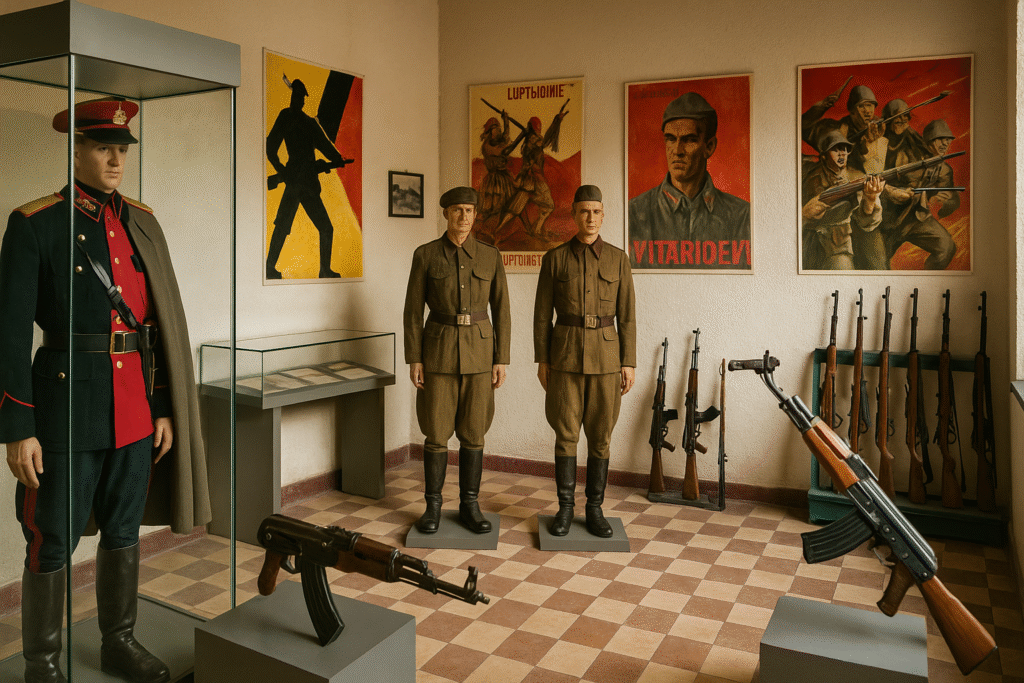 Uniformen, Gewehre und Propagandaplakate im Militärmuseum Tirana