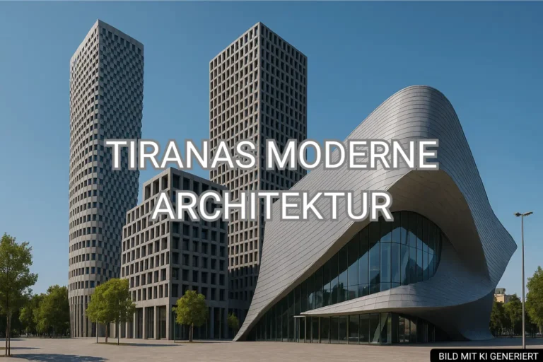 Moderne Architektur in Tirana mit futuristischen Gebäuden und klaren Linien bei blauem Himmel