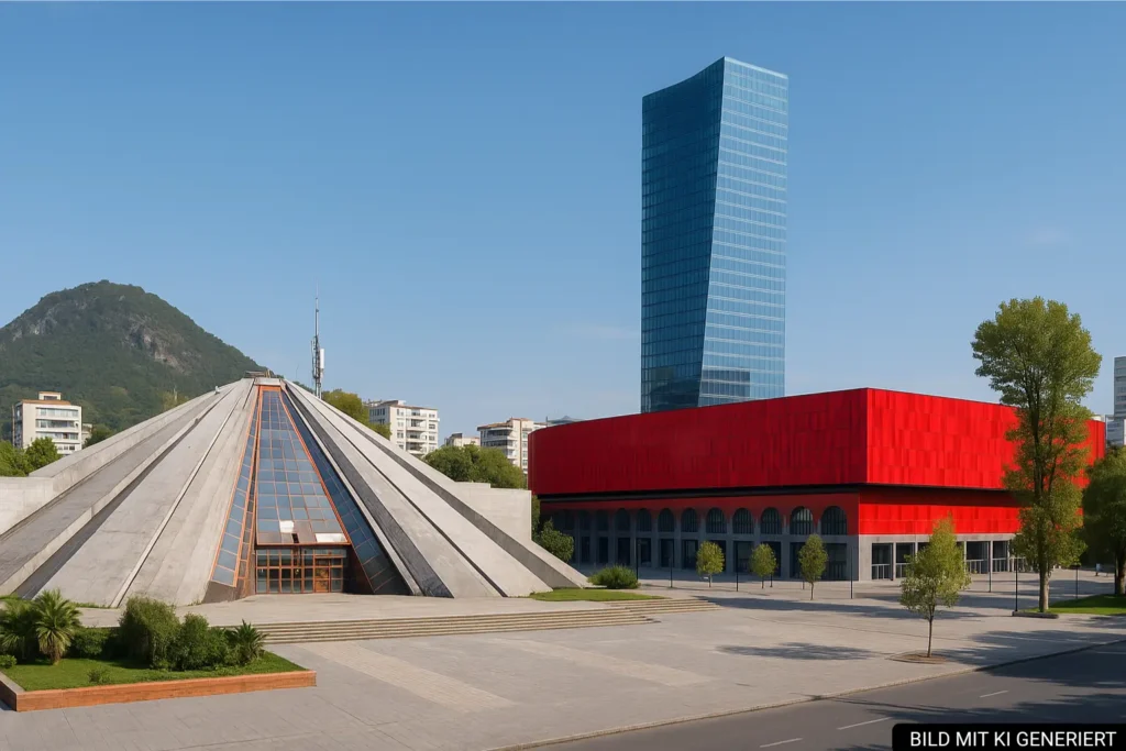 Panoramablick auf moderne Wahrzeichen wie Piramida und Air Albania Stadium in Tirana