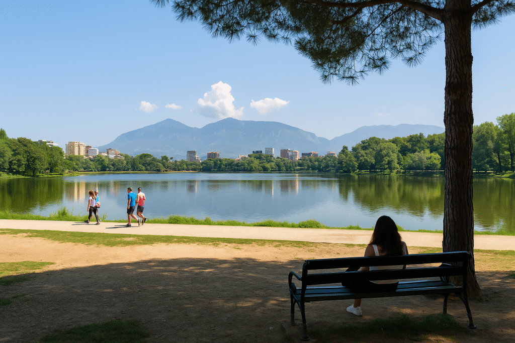 Blick auf den See im Parku i Madh in Tirana mit Spaziergängern, Bäumen und Sommerstimmung