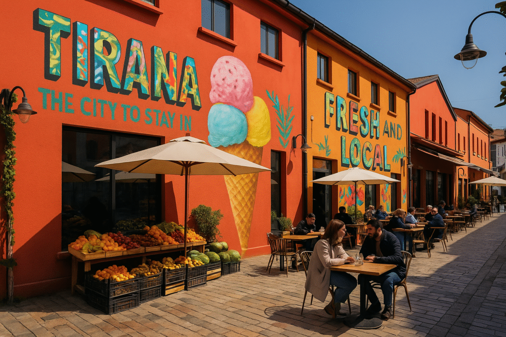 Bunter Markt mit Street Art, Obstständen und Cafés in Tirana