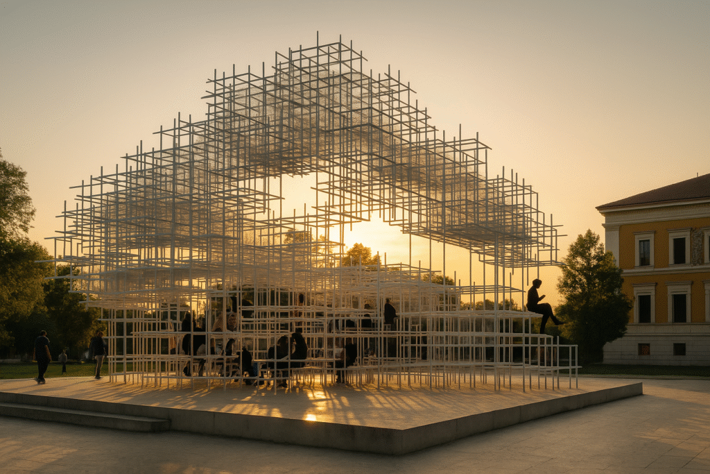 Reja in Tirana bei Sonnenuntergang mit Menschen im Gitter