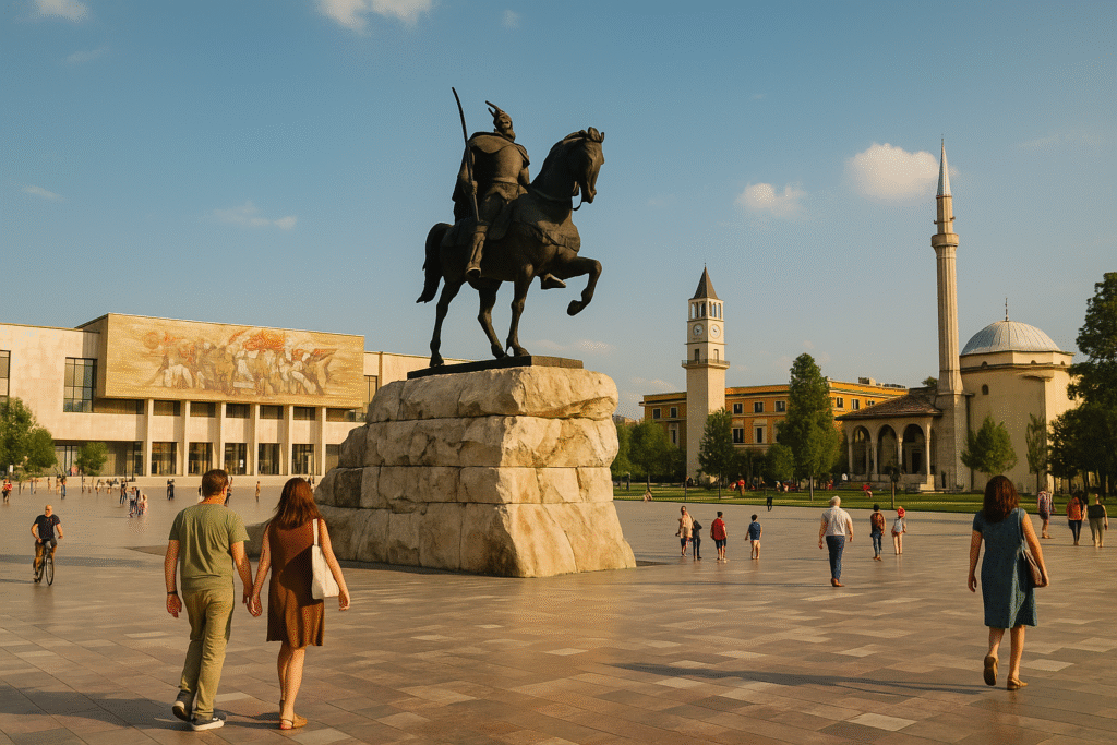Skanderbeg-Platz in Tirana mit Springbrunnen, albanischer Flagge und Blick auf die umliegenden historischen Gebäude