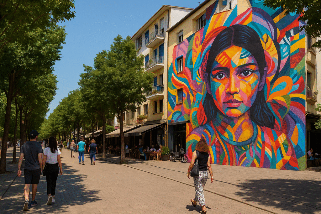 Bunte Street Art an einer Hauswand in Tirana mit Passanten im Vordergrund