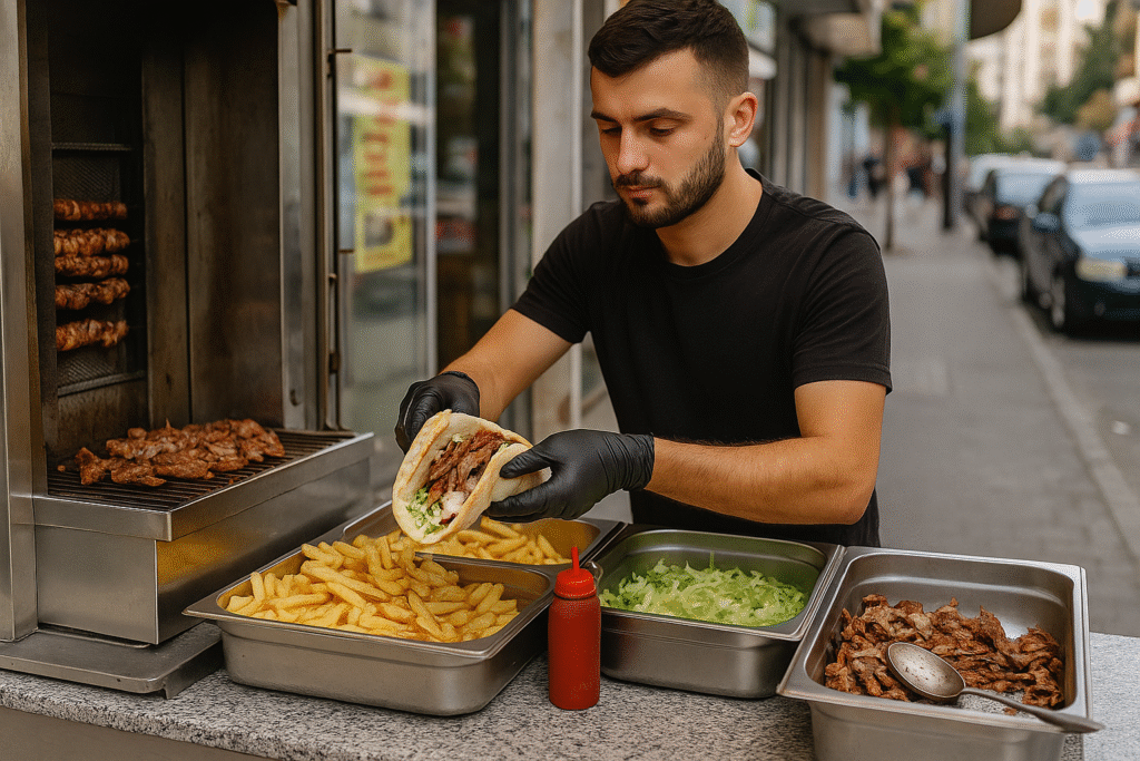 Streetfood-Verkäufer bereitet Sufllaqe in Tirana zu