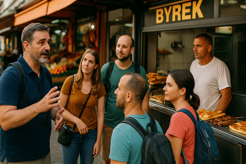 Streetfood-Guide erklärt einer Touristengruppe einen Byrek-Stand in Tirana