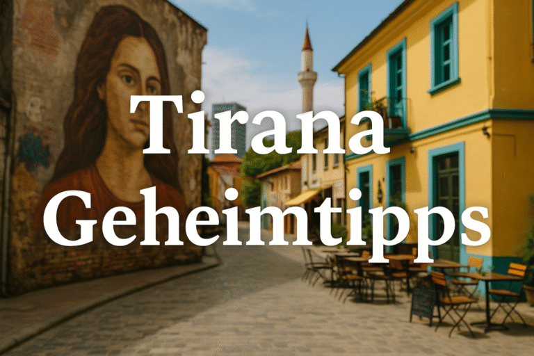 Straßenszene aus Tirana mit dem Schriftzug „Tirana Geheimtipps“