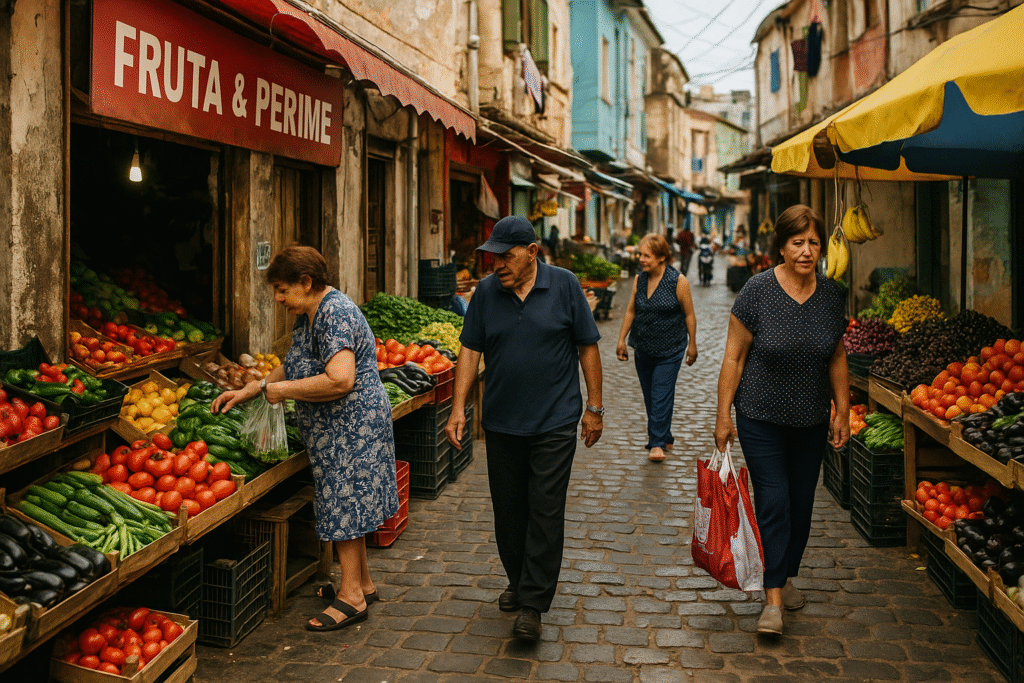 Offener Markt in Tirana mit frischem Obst, Gewürzen und buntem Markttreiben
