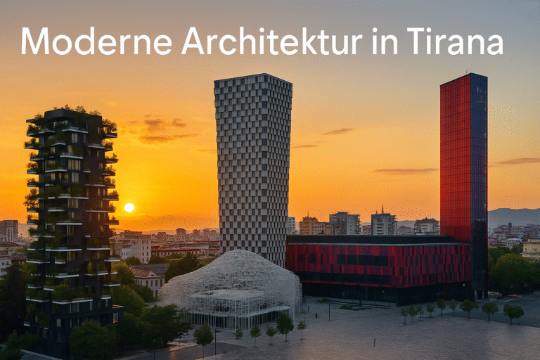Skyline moderner Architektur in Tirana mit Sonnenuntergang und Schriftzug