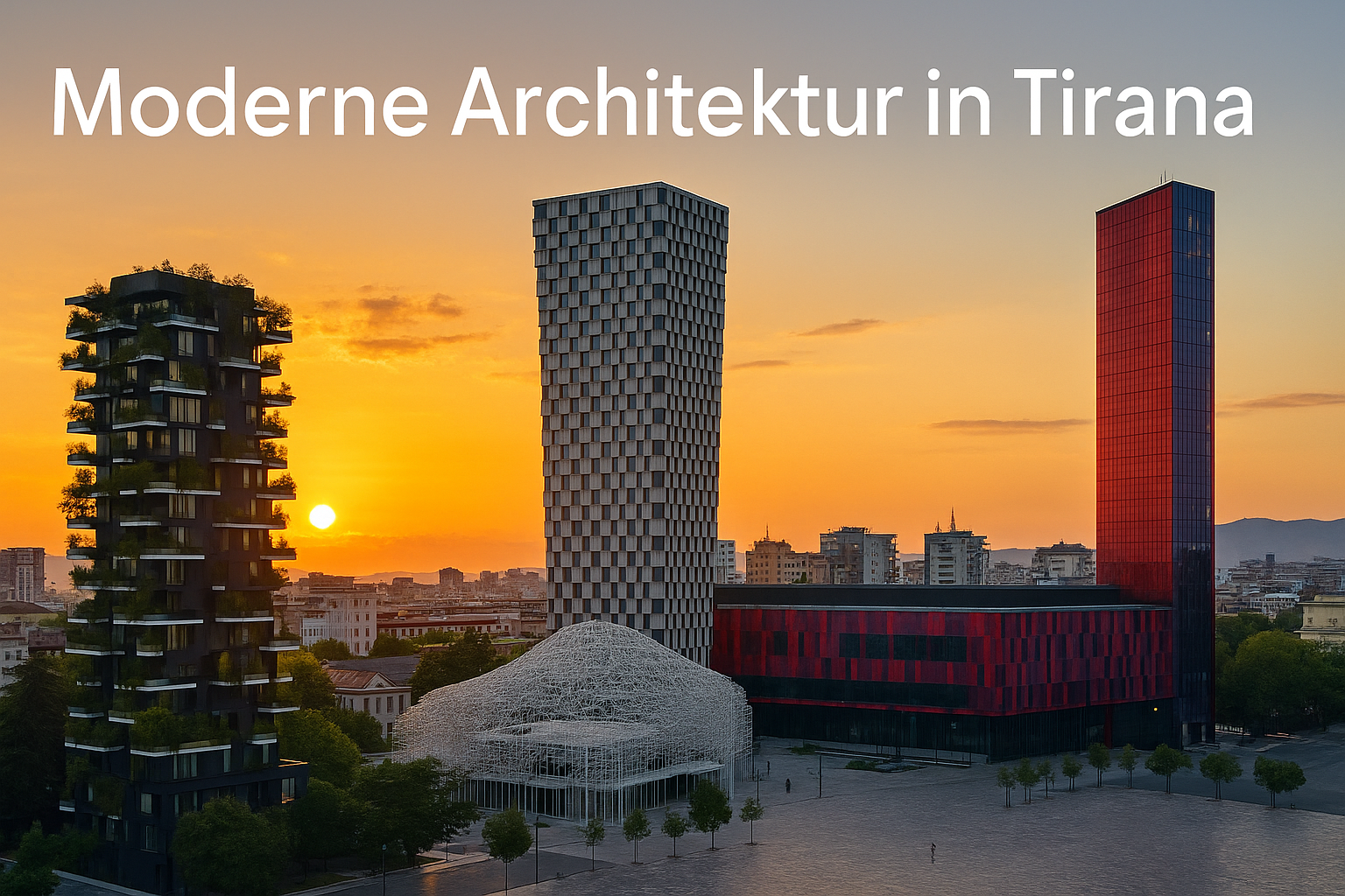 Skyline moderner Architektur in Tirana mit Sonnenuntergang und Schriftzug