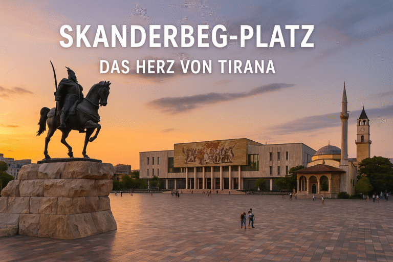 Skanderbeg-Platz mit Statue, Museum und Moschee bei Sonnenuntergang