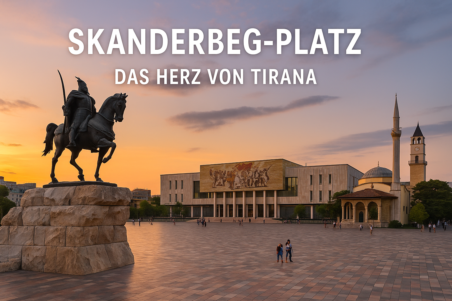 Skanderbeg-Platz mit Statue, Museum und Moschee bei Sonnenuntergang