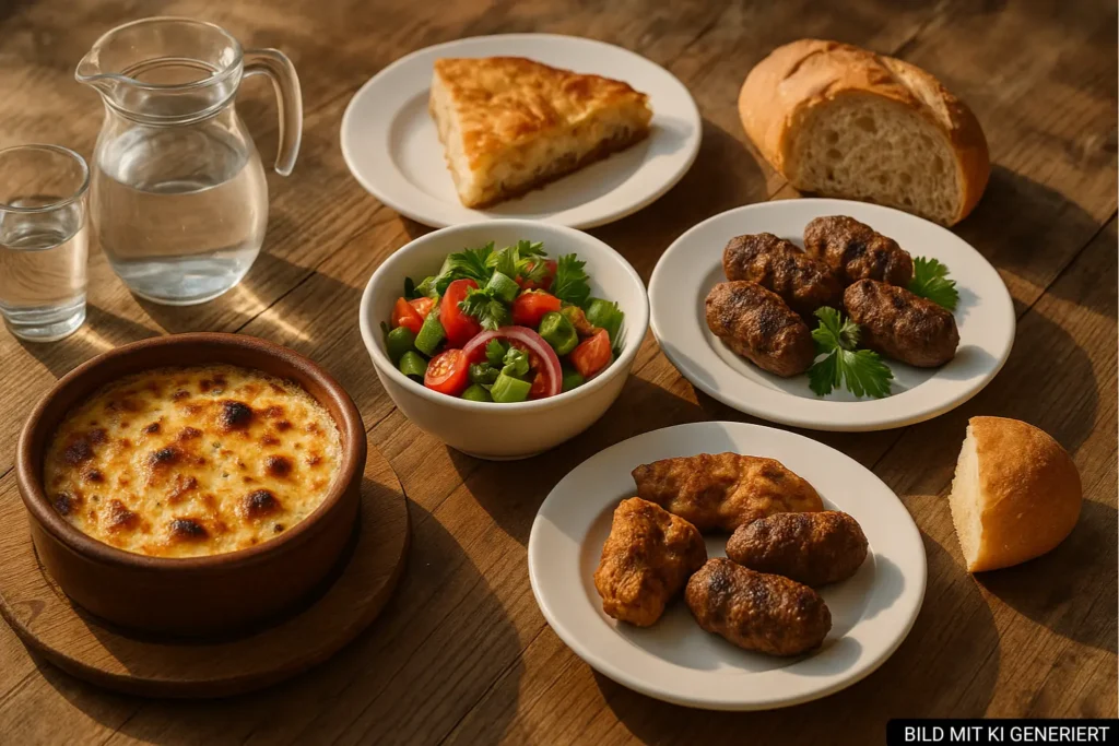 Auswahl traditioneller albanischer Gerichte auf Holztisch in Tirana