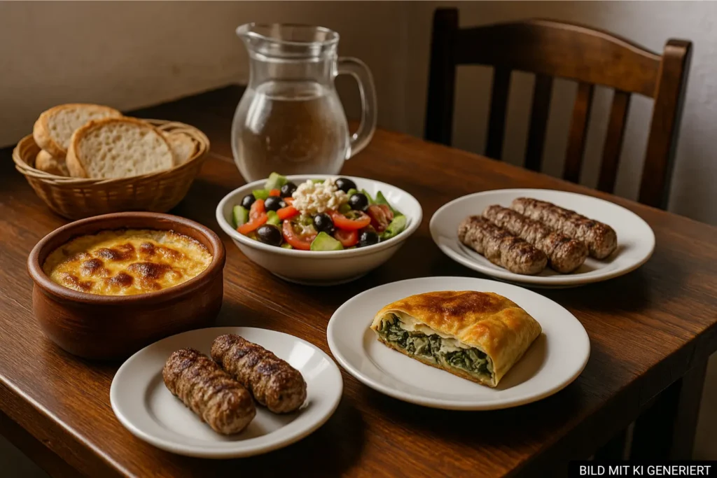 Typische Gerichte in Tirana mit Tavë Kosi, Qofte und Byrek auf einem Tisch