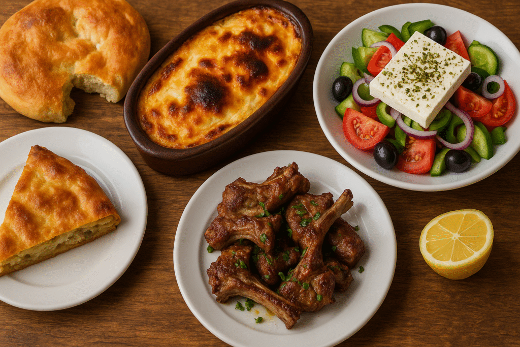 Albanische Spezialitäten wie Tavë Kosi, Byrek, gegrilltes Lamm und Salat auf einem Holztisch