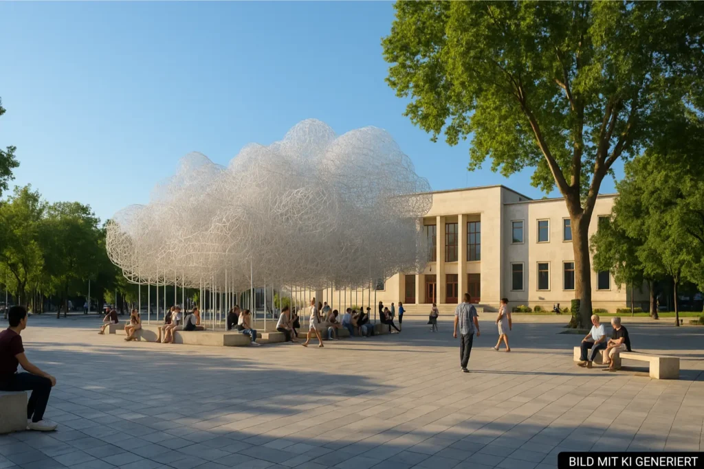 Reja Kunstinstallation vor der Nationalgalerie in Tirana mit Besuchern