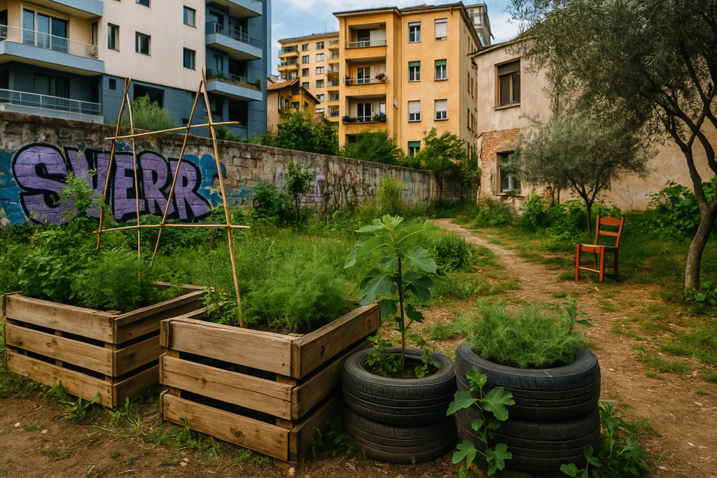 Ein versteckter Gemeinschaftsgarten mit Bäumen, Hochbeeten und Sitzgelegenheiten im Stadtviertel von Tirana