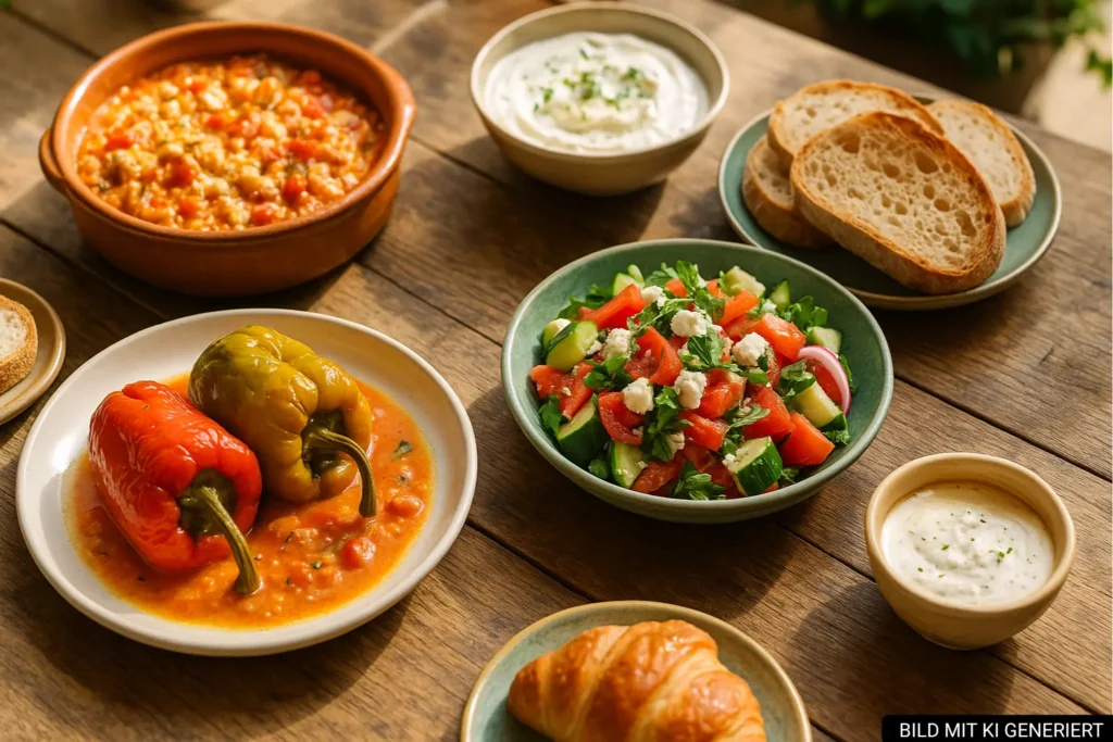Vegetarische albanische Gerichte wie Fërgesë und gefüllte Paprika in Tirana
