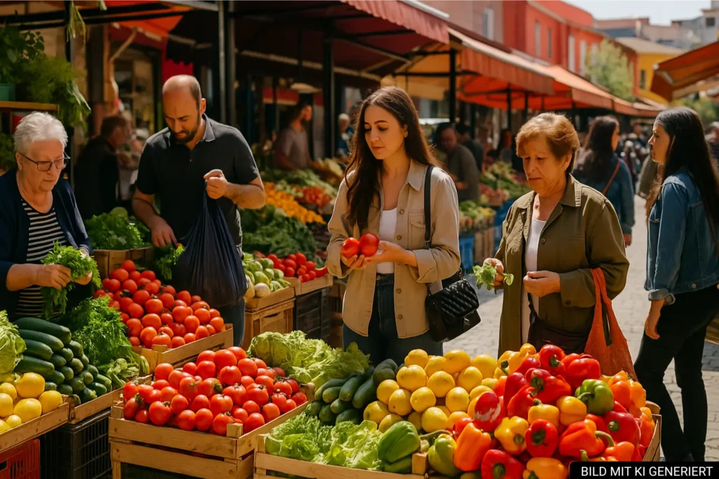 Markt in Tirana mit buntem Gemüse und Obst auf dem Pazari i Ri bei sonnigem Wetter