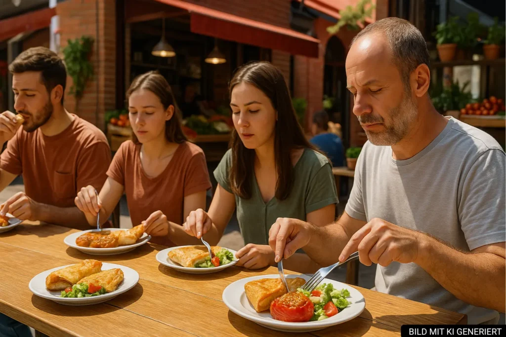 Menschen essen mittags vegetarische Gerichte auf dem Pazari i Ri in Tirana bei Sonnenschein