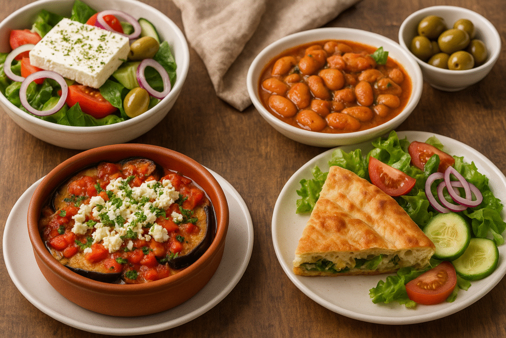 Vegetarische albanische Gerichte wie gebackenes Gemüse, Byrek, Bohneneintopf und Salat auf Holztisch