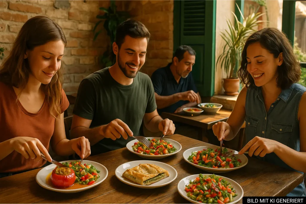 Menschen essen vegetarisch in einem kleinen Restaurant in Tirana mit gefüllter Paprika, Byrek und buntem Salat