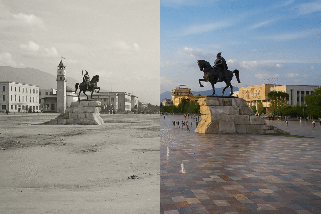 Historisches und modernes Bild des Skanderbeg-Platzes im Direktvergleich